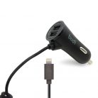 Autós töltő szivargyújtóba, Lightning kábellel, 2 db extra USB bemenettel