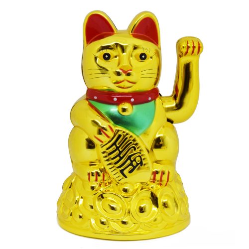 Maneki-neko tradicionális japán integető macska, szerencsét hoz, elemes - arany (MLY46A)