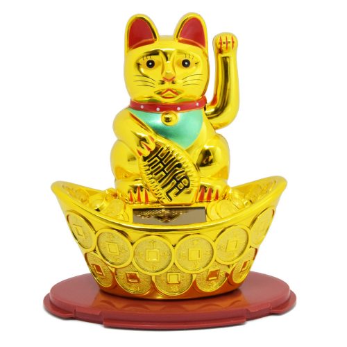 Maneki-neko tradicionális japán integető macska, szerencsét hoz, napelemes - arany (MLY358)